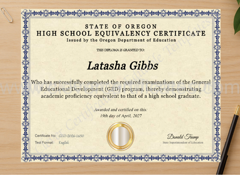 Professional preview of Oregon Ged certificate on high-quality stationery paper, ideal for showcasing the final look.