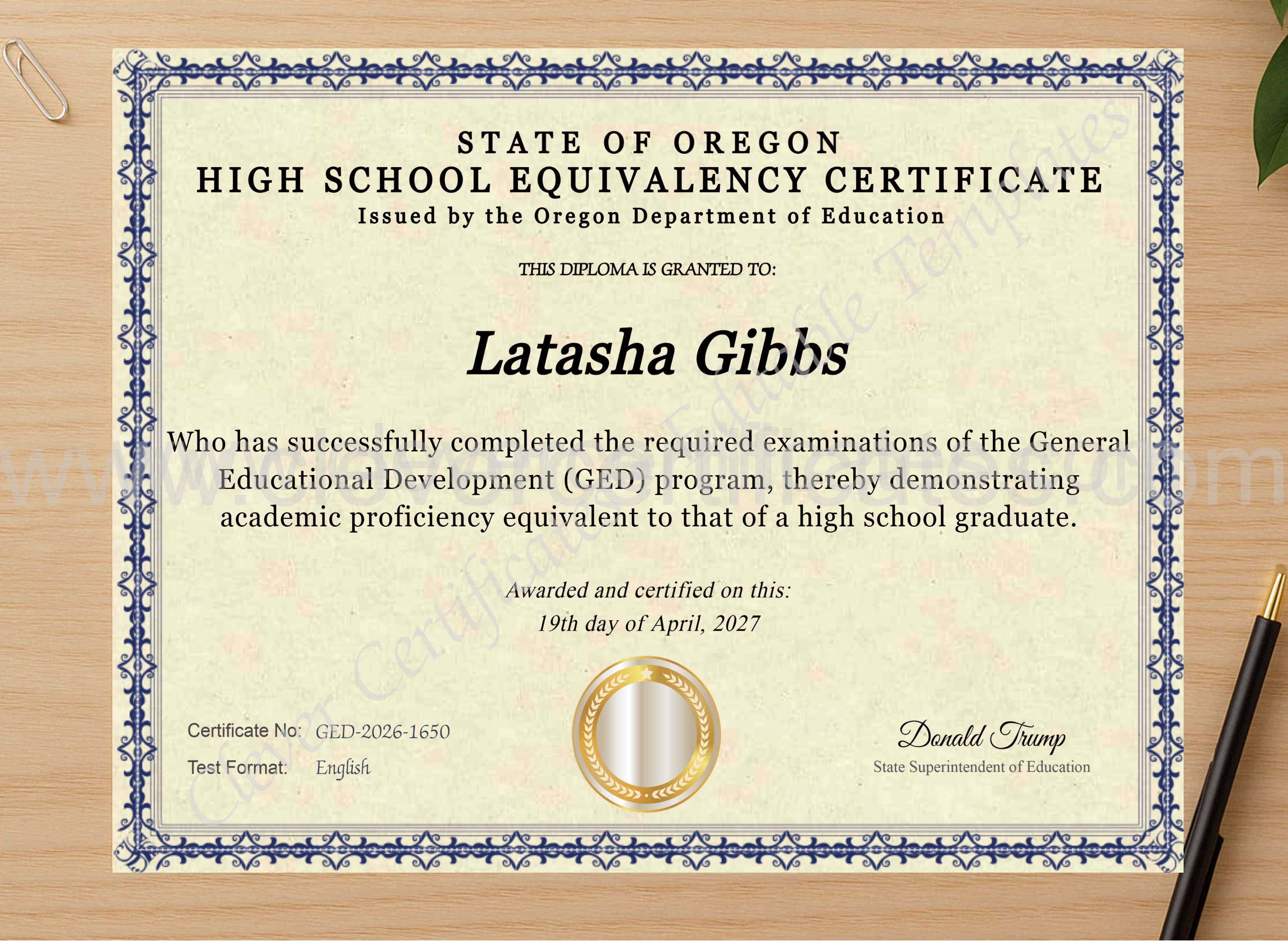 Professional preview of Oregon Ged certificate on high-quality stationery paper, ideal for showcasing the final look.