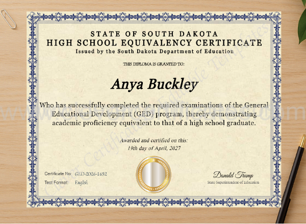 Professional preview of South Dakota Ged certificate on high-quality stationery paper, ideal for showcasing the final look.