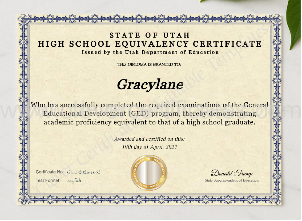 Utah Ged presented in a sleek wooden frame, elegantly arranged on a stylish table.