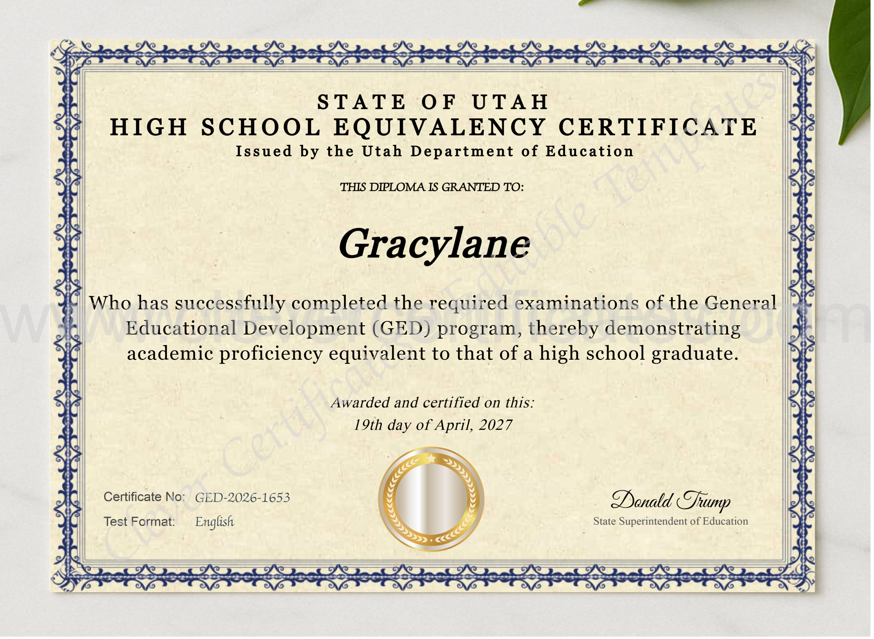 Utah Ged presented in a sleek wooden frame, elegantly arranged on a stylish table.