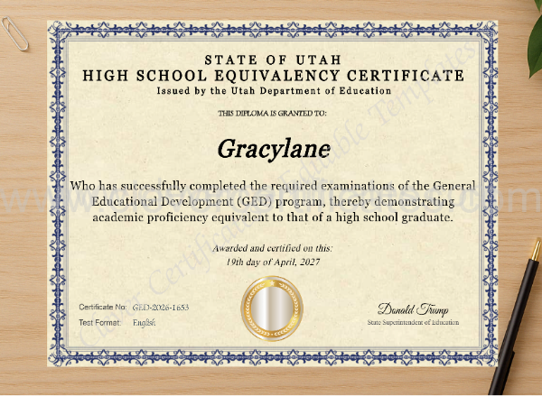 Professional preview of Utah Ged certificate on high-quality stationery paper, ideal for showcasing the final look.