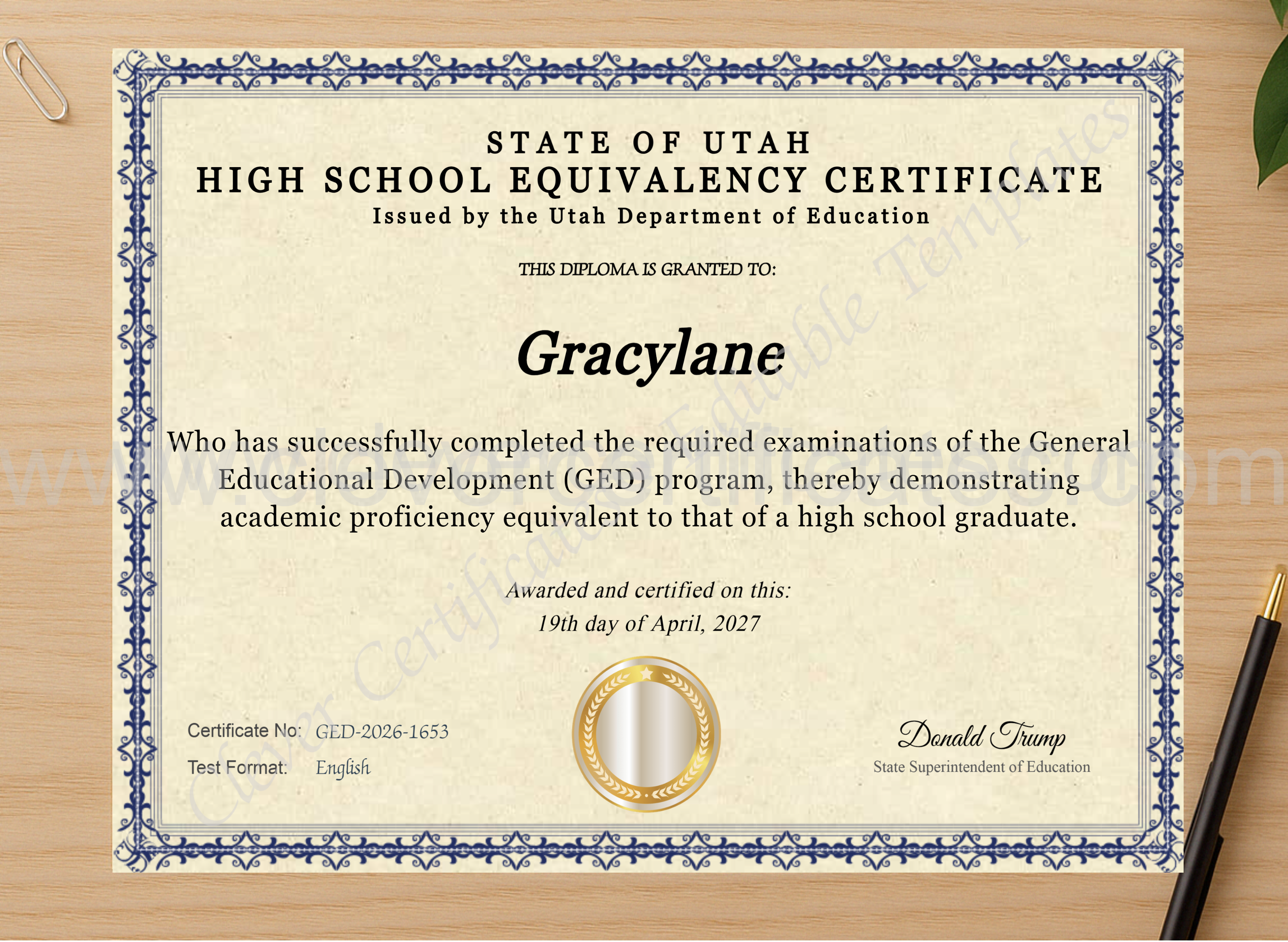 Professional preview of Utah Ged certificate on high-quality stationery paper, ideal for showcasing the final look.