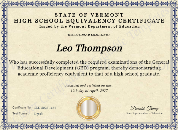 Vermont High School Equivalency Certificate
