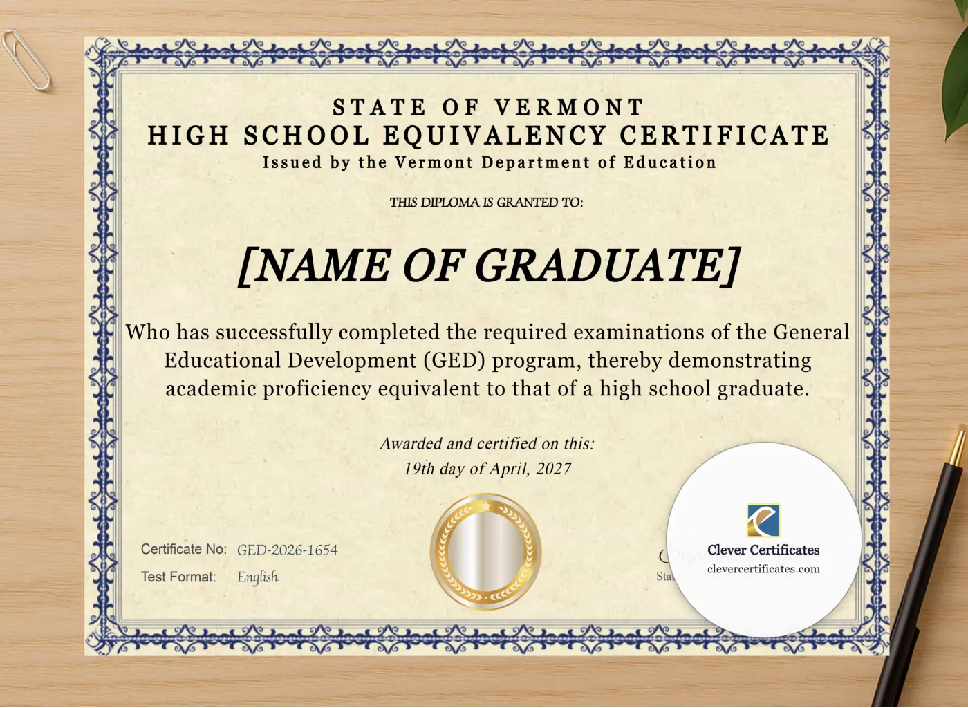 Professional preview of Vermont Ged certificate on high-quality stationery paper, ideal for showcasing the final look.