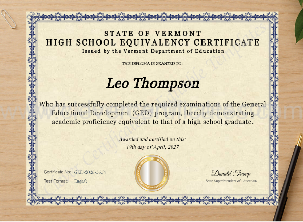 Professional preview of Vermont Ged certificate on high-quality stationery paper, ideal for showcasing the final look.