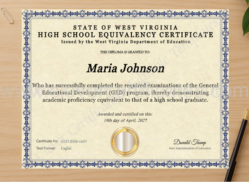 Professional preview of West Virginia Ged certificate on high-quality stationery paper, ideal for showcasing the final look.