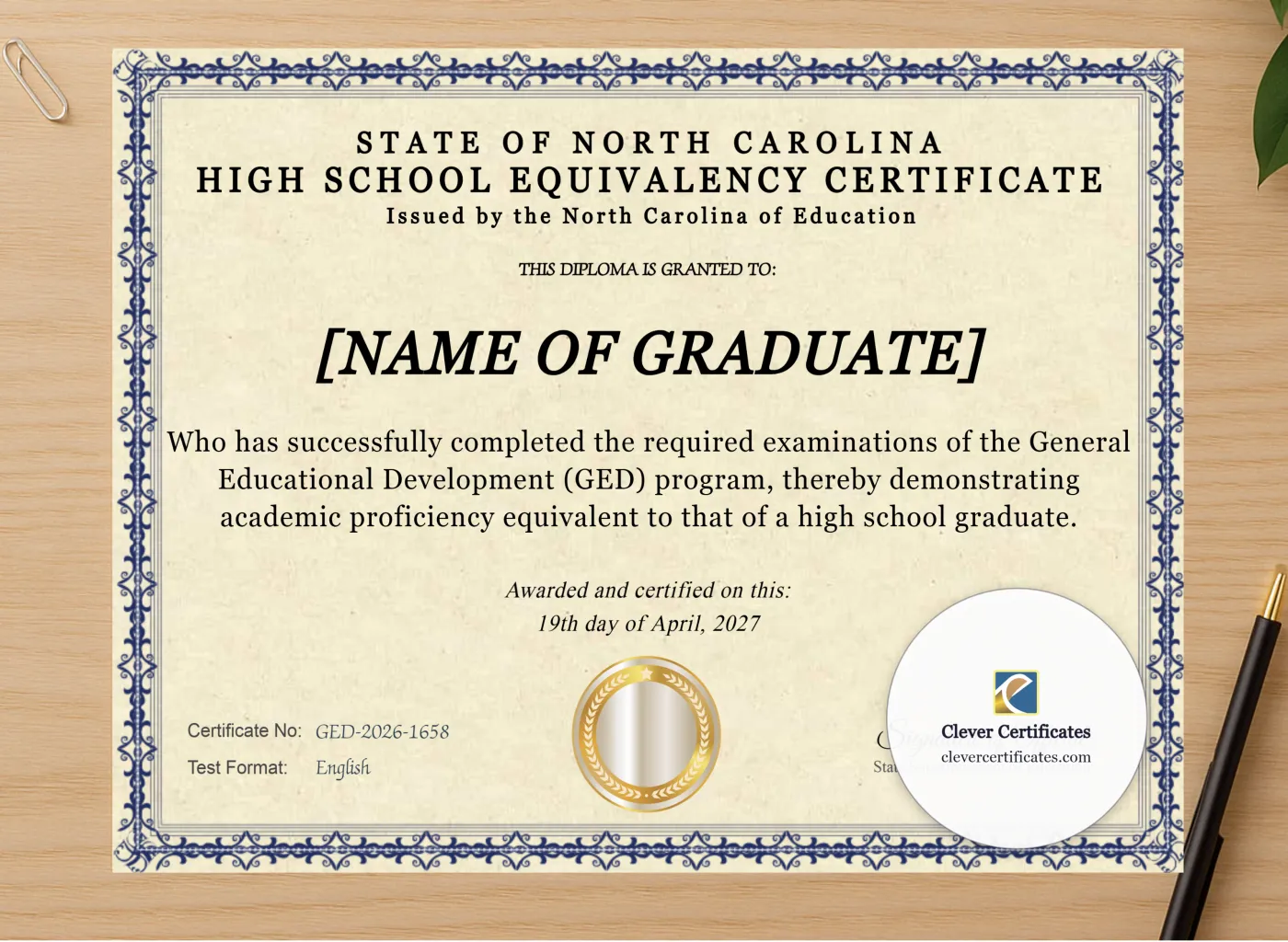 Professional preview of Nc Ged Diploma certificate on high-quality stationery paper, ideal for showcasing the final look.