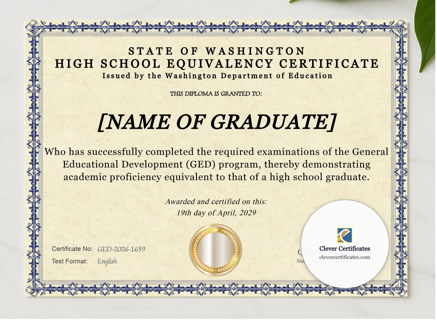 Washington Ged Diploma presented in a sleek wooden frame, elegantly arranged on a stylish table.