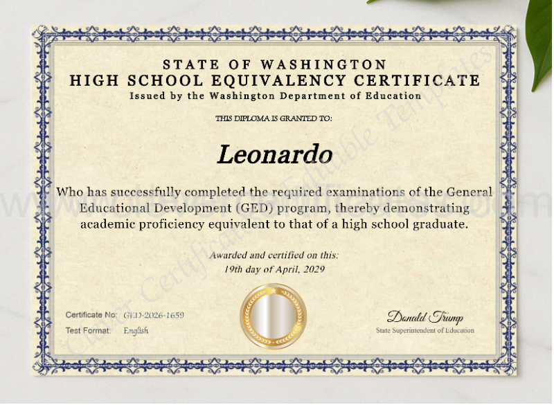 Washington Ged Diploma presented in a sleek wooden frame, elegantly arranged on a stylish table.