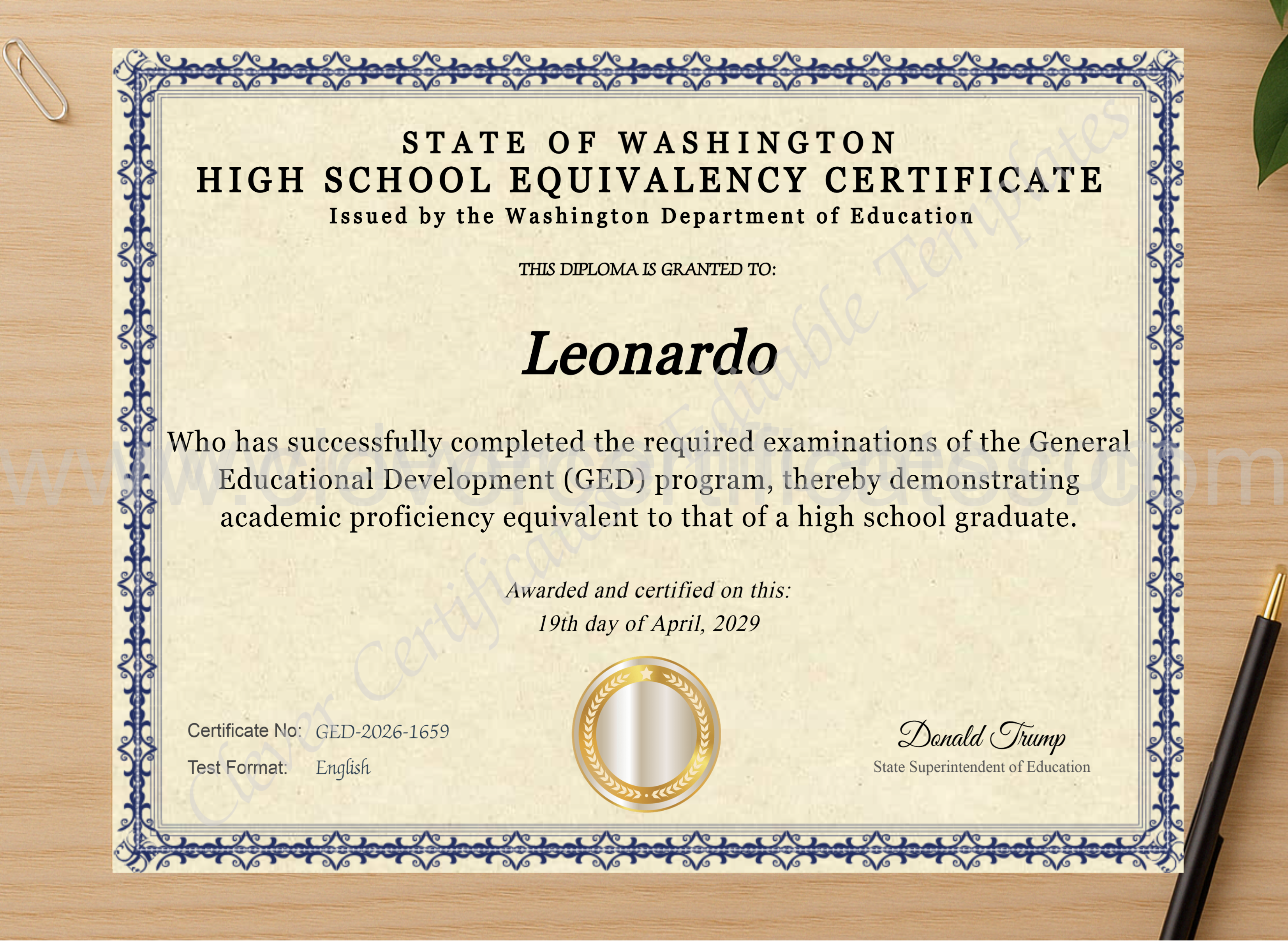 Professional preview of Washington Ged Diploma certificate on high-quality stationery paper, ideal for showcasing the final look.