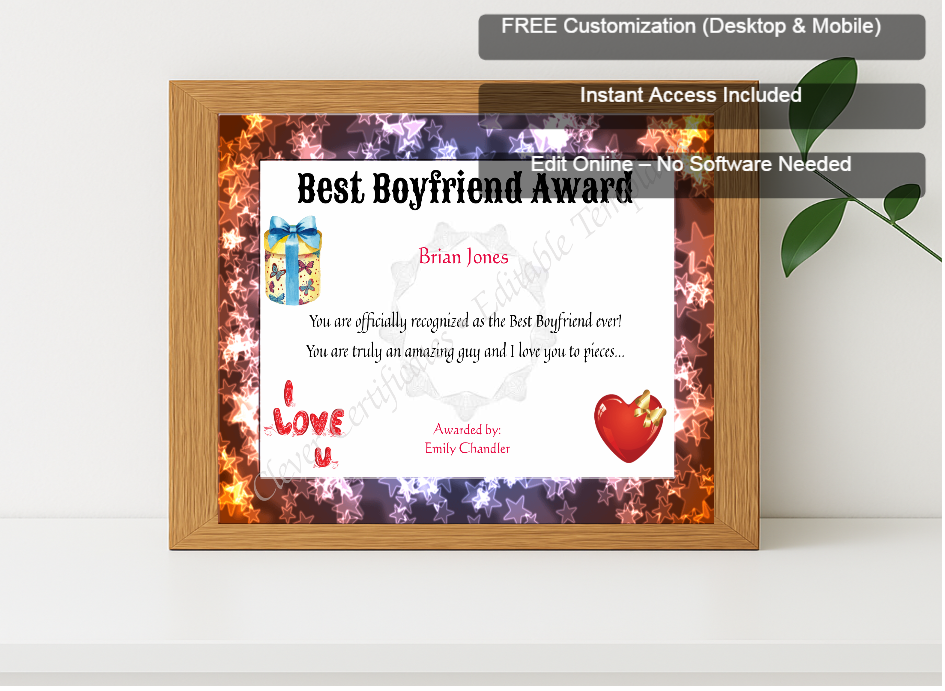 Premium mockup with Free Editor badge stack for Best Boyfriend Award