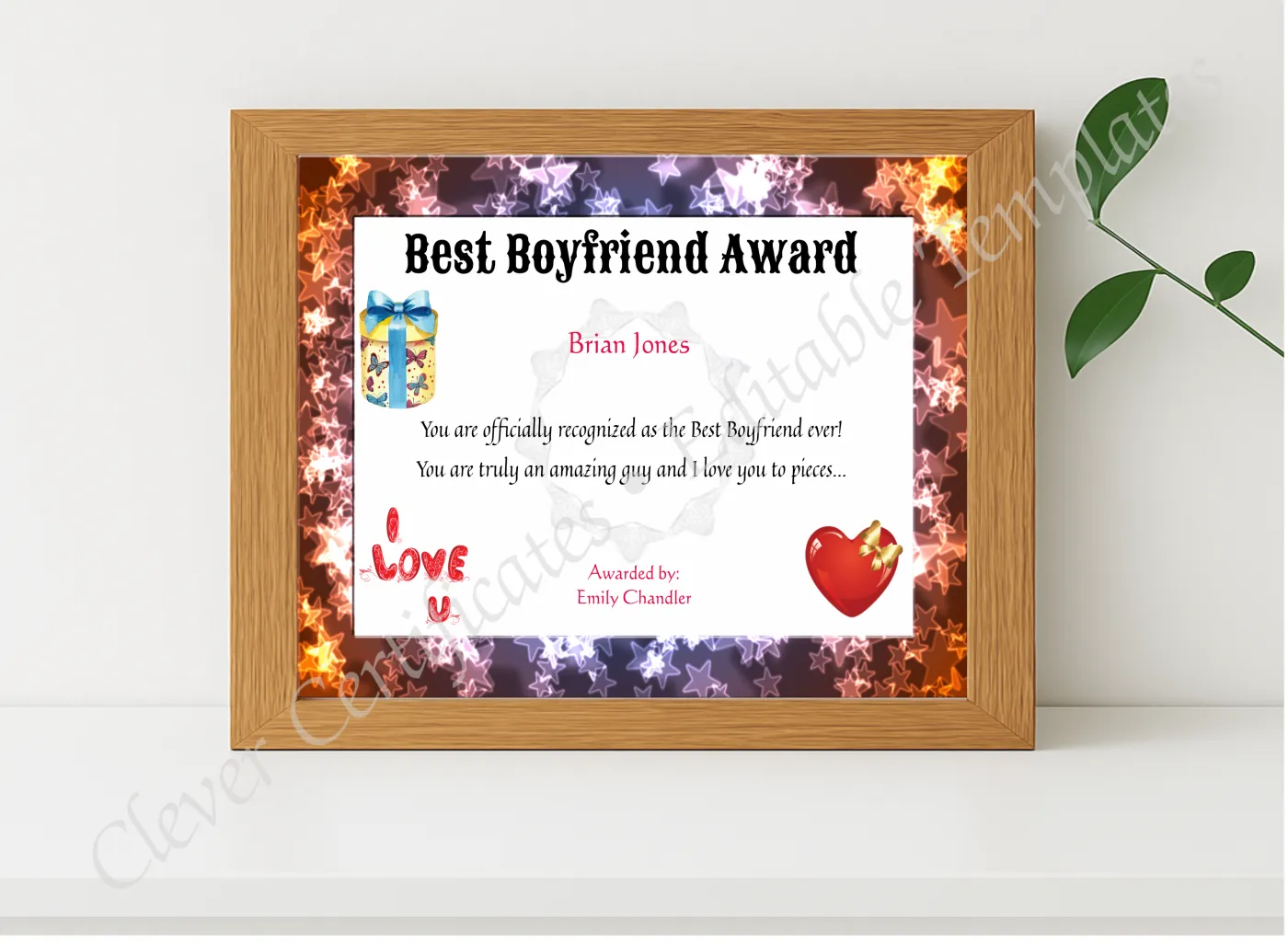 Realistic mockup featuring Best Boyfriend Award displayed within a modern frame, set against a minimalistic background.