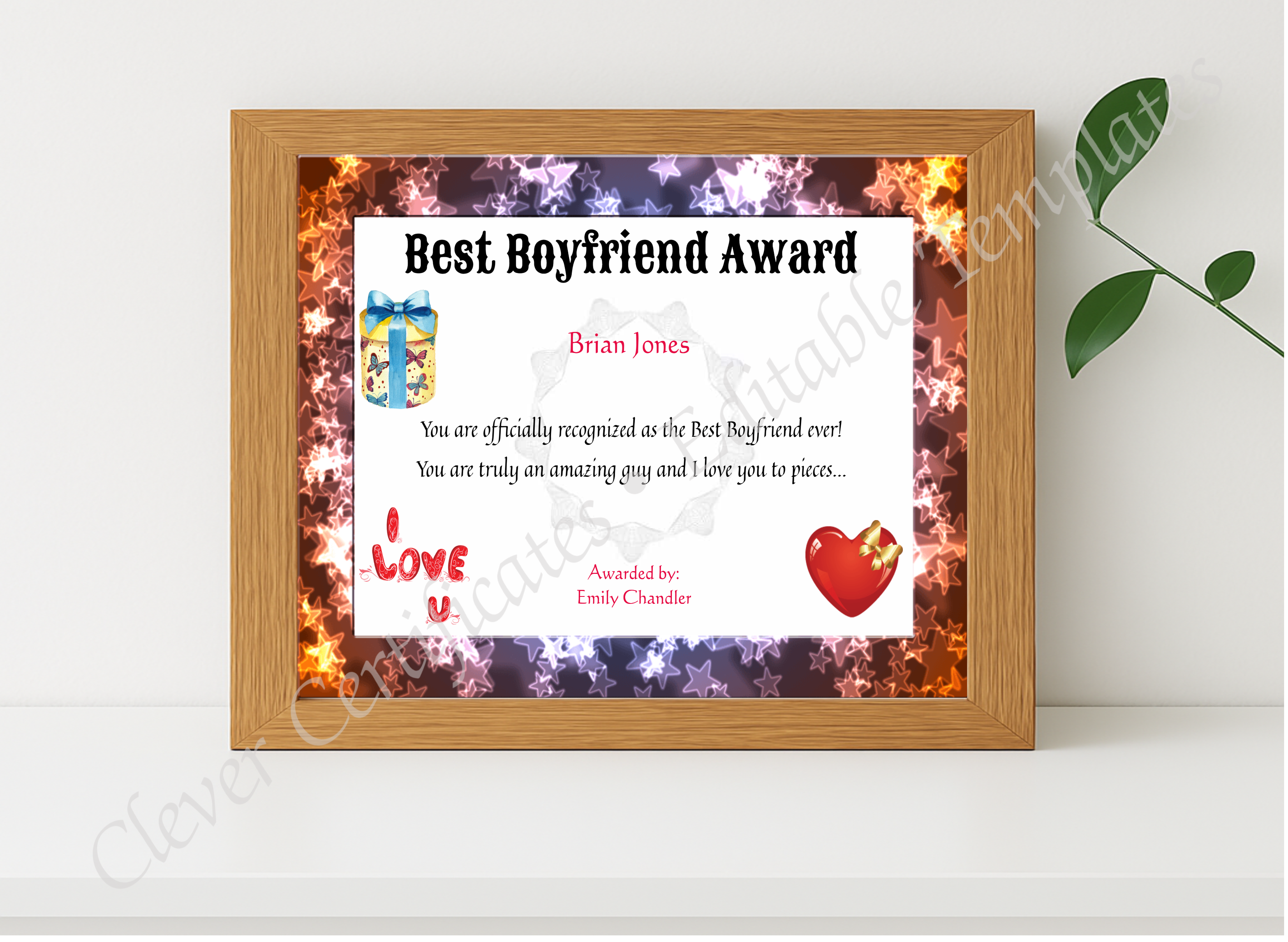 Realistic mockup featuring Best Boyfriend Award displayed within a modern frame, set against a minimalistic background.