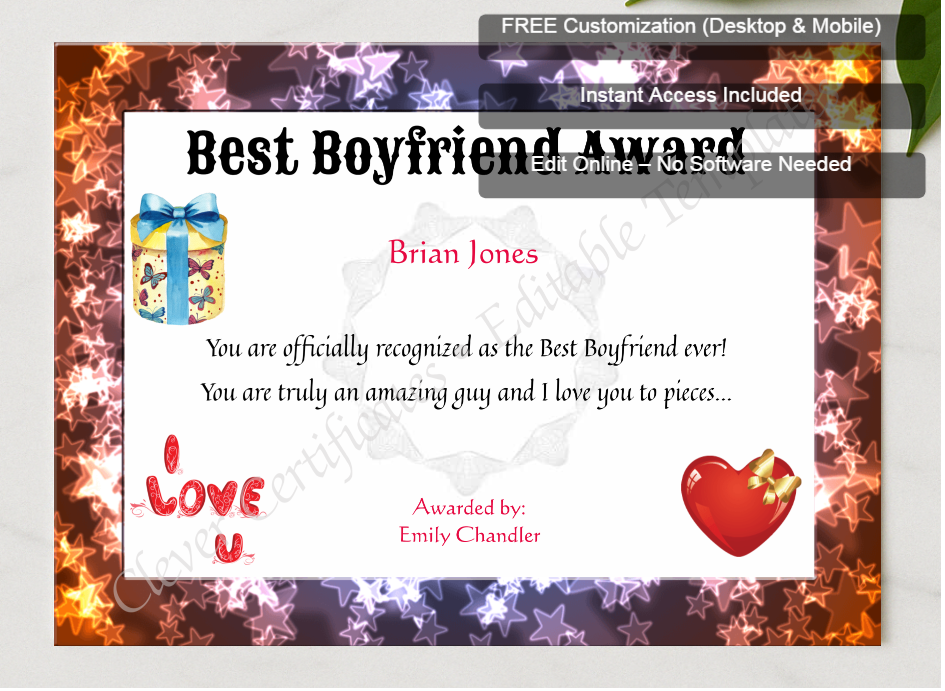 Framed preview featuring Free Editor badge stack for Best Boyfriend Award