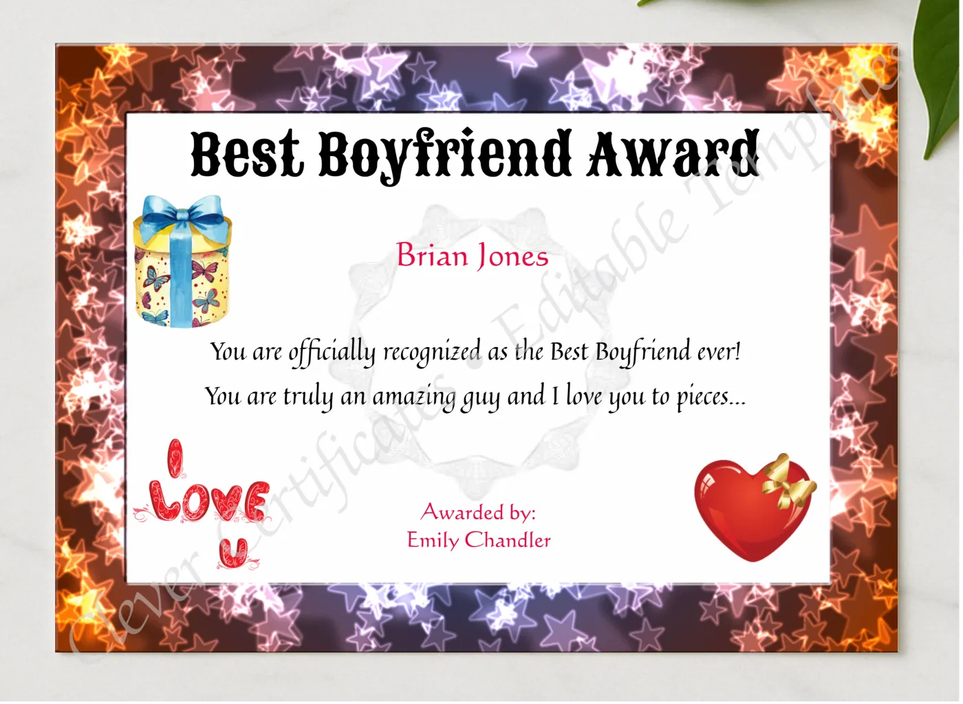 Best Boyfriend Award presented in a sleek wooden frame, elegantly arranged on a stylish table.