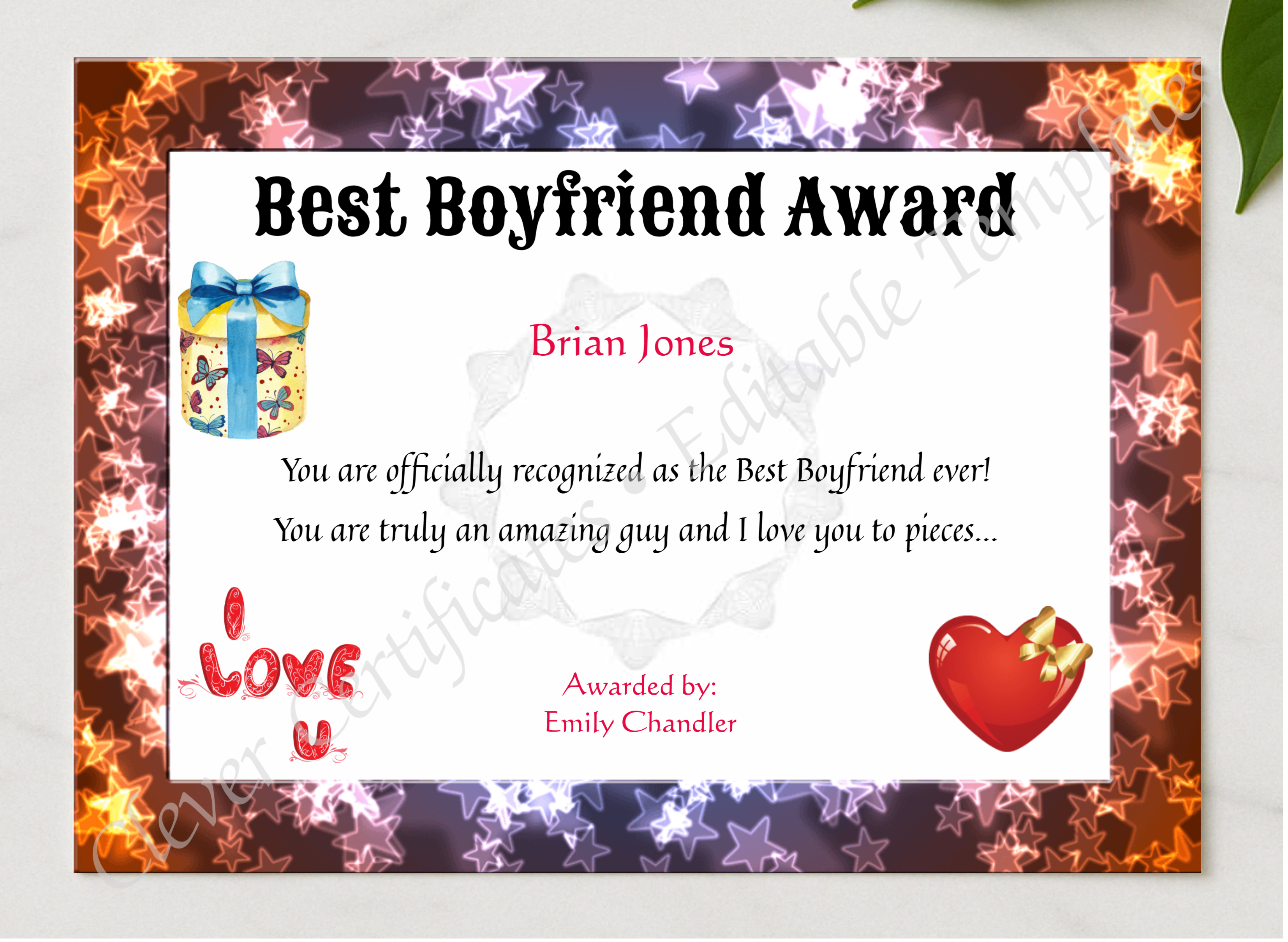 Best Boyfriend Award presented in a sleek wooden frame, elegantly arranged on a stylish table.