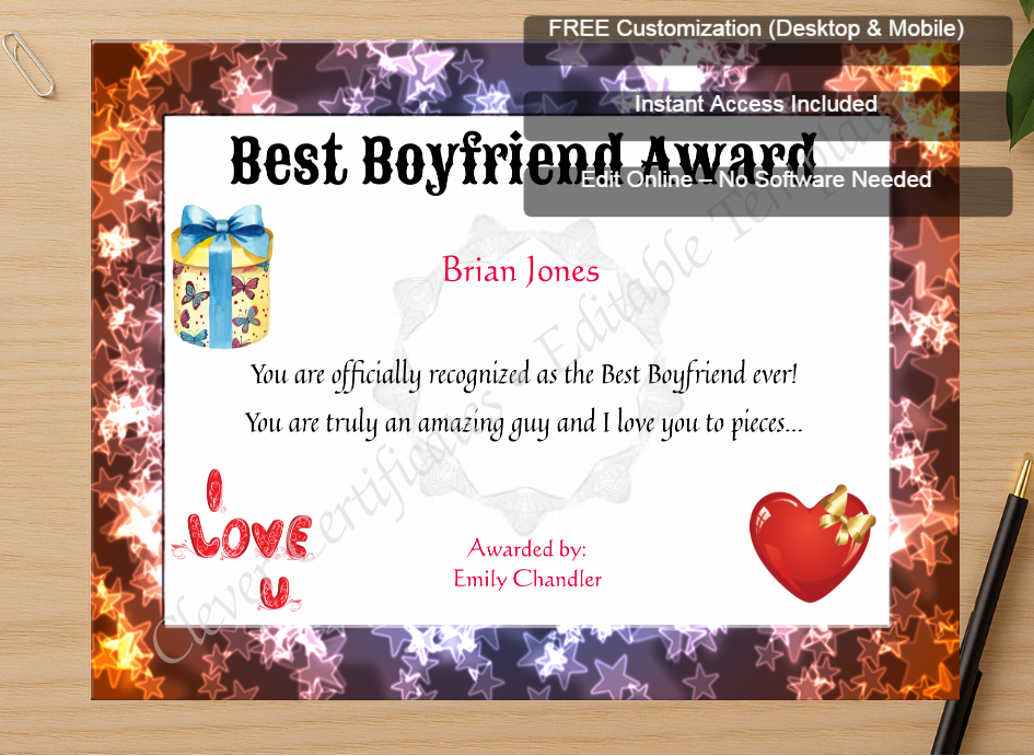 Zoomed preview with Free Editor badge stack for Best Boyfriend Award