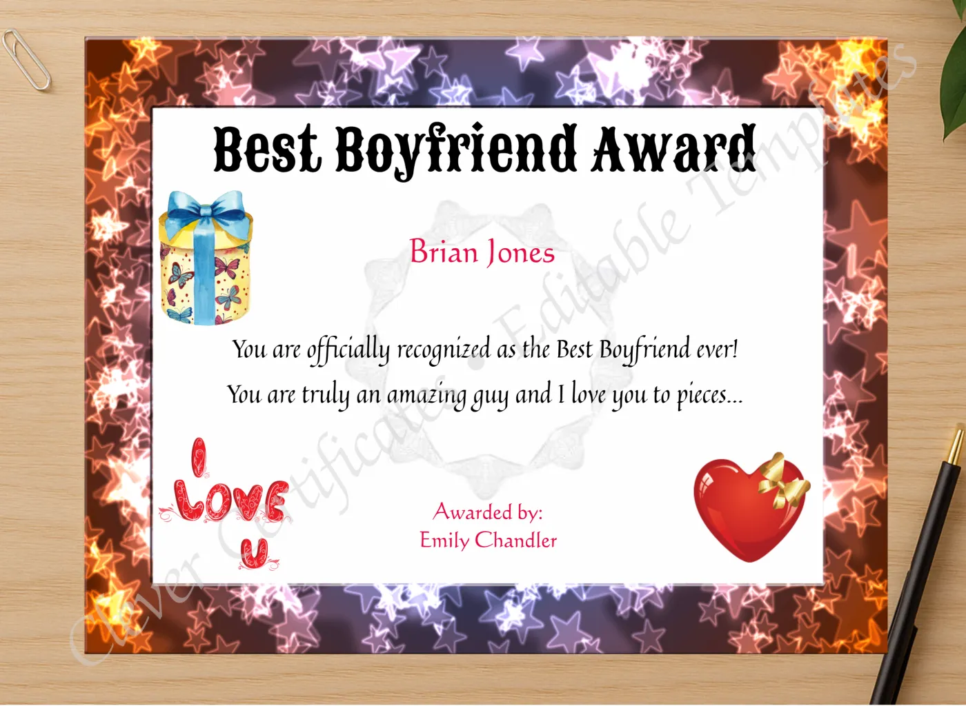 Professional preview of Best Boyfriend Award certificate on high-quality stationery paper, ideal for showcasing the final look.