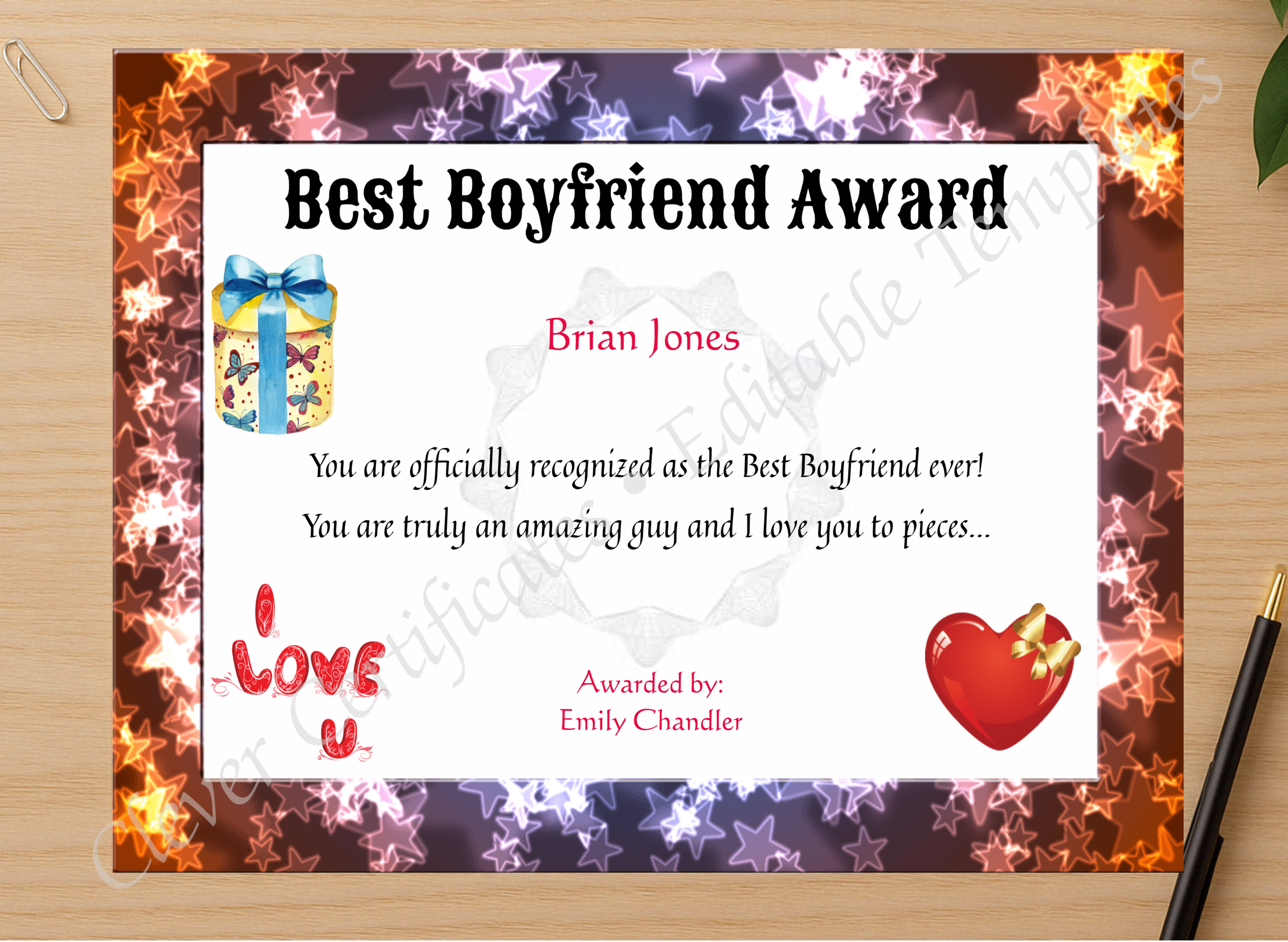 Professional preview of Best Boyfriend Award certificate on high-quality stationery paper, ideal for showcasing the final look.
