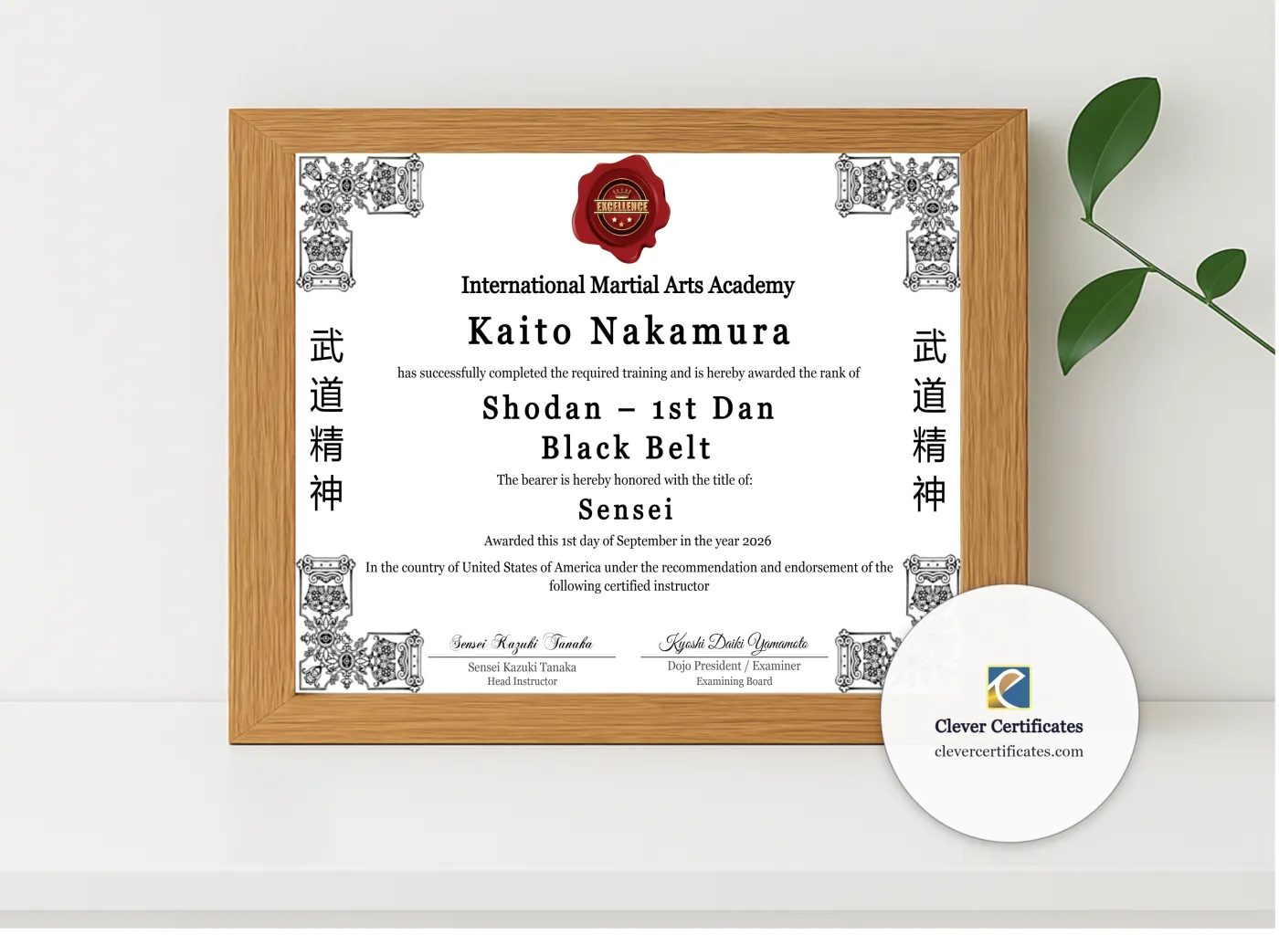 Realistic mockup featuring 1st Dan Shodan Certificate displayed within a modern frame, set against a minimalistic background.