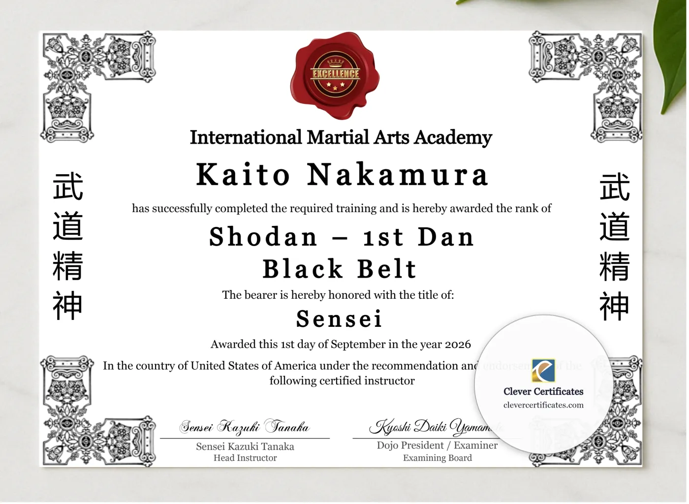 1st Dan Shodan Certificate presented in a sleek wooden frame, elegantly arranged on a stylish table.