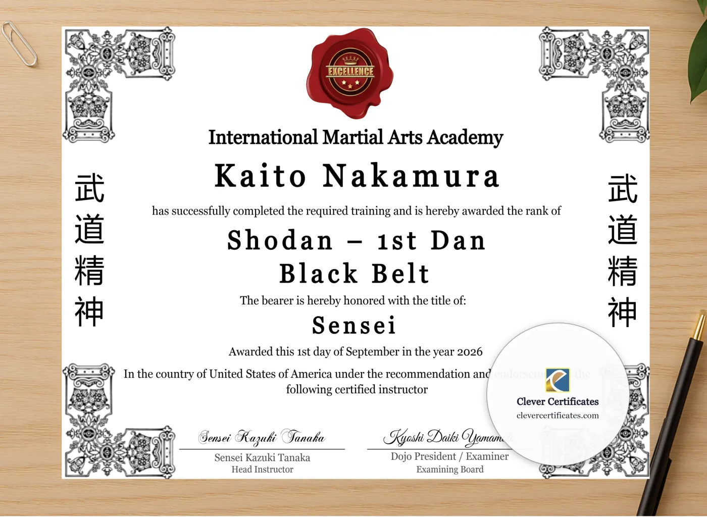 Professional preview of 1st Dan Shodan Certificate certificate on high-quality stationery paper, ideal for showcasing the final look.