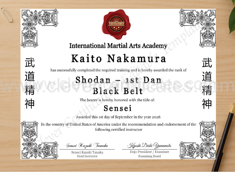 Professional preview of 1st Dan Shodan Certificate certificate on high-quality stationery paper, ideal for showcasing the final look.