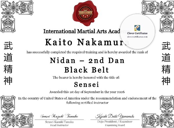 2nd Dan Nidan Black Belt Certificate Template