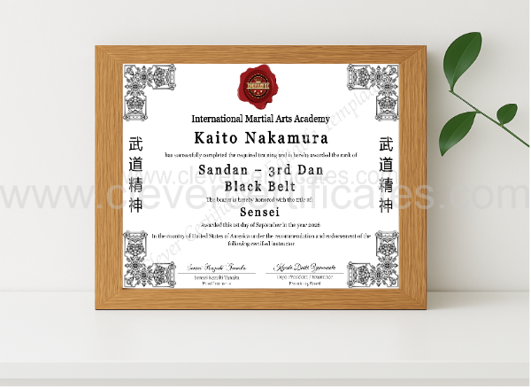 Realistic mockup featuring 3rd Dan Sandan Certificate displayed within a modern frame, set against a minimalistic background.