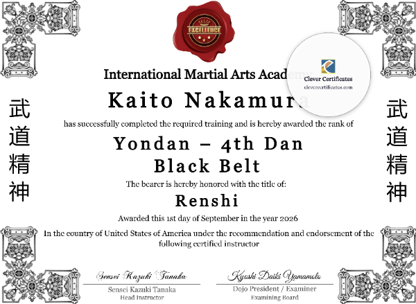 4th Dan Yondan Black Belt Certificate Template