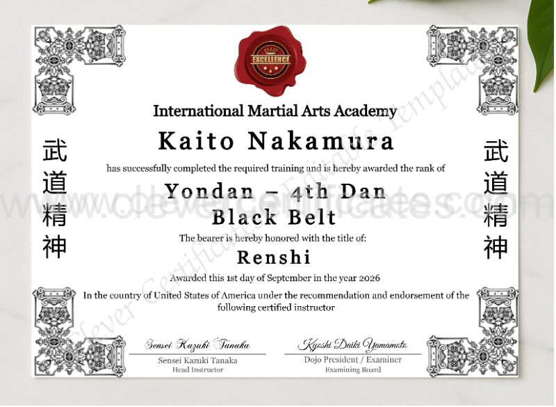 4th Dan Yondan Certificate presented in a sleek wooden frame, elegantly arranged on a stylish table.