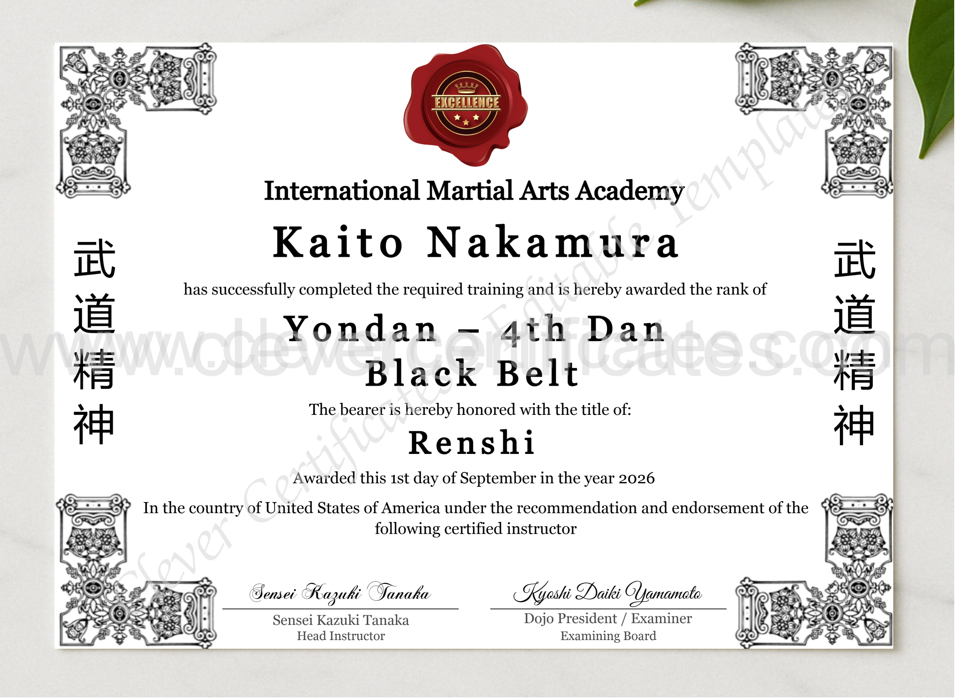 4th Dan Yondan Certificate presented in a sleek wooden frame, elegantly arranged on a stylish table.