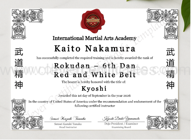 6th Dan Rokudan Certificate presented in a sleek wooden frame, elegantly arranged on a stylish table.