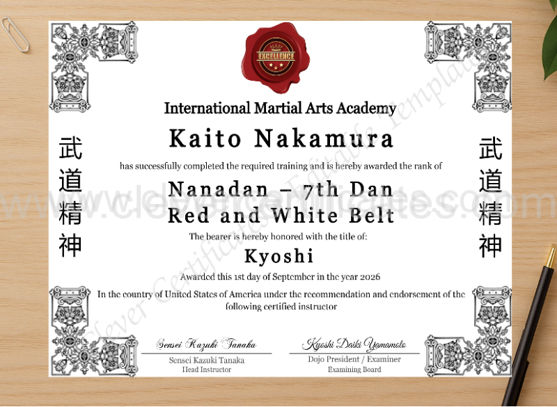 Professional preview of 7th Dan Nanadan Certificate certificate on high-quality stationery paper, ideal for showcasing the final look.