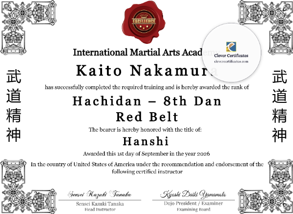 8th Dan Hachidan Black Belt Certificate Template