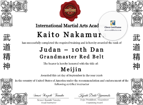 10th Dan Judan Black Belt Certificate Template