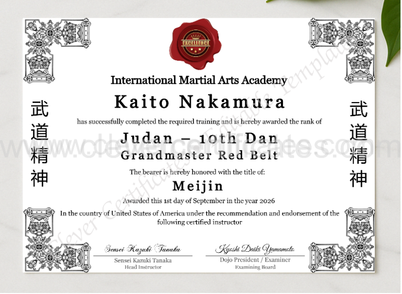 10th Dan Judan Certificate presented in a sleek wooden frame, elegantly arranged on a stylish table.