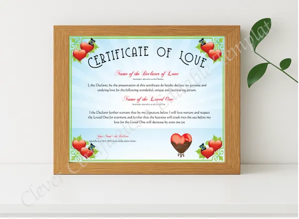 Realistic mockup featuring Certificate Of Love displayed within a modern frame, set against a minimalistic background.