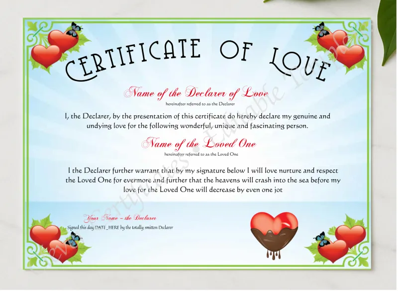 Certificate Of Love presented in a sleek wooden frame, elegantly arranged on a stylish table.