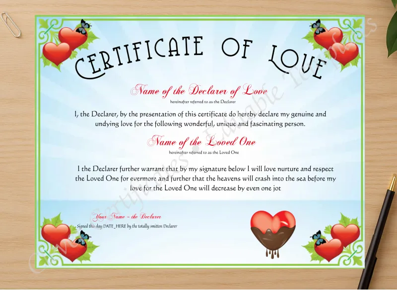 Professional preview of Certificate Of Love certificate on high-quality stationery paper, ideal for showcasing the final look.