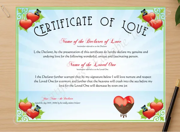 Professional preview of Certificate Of Love certificate on high-quality stationery paper, ideal for showcasing the final look.
