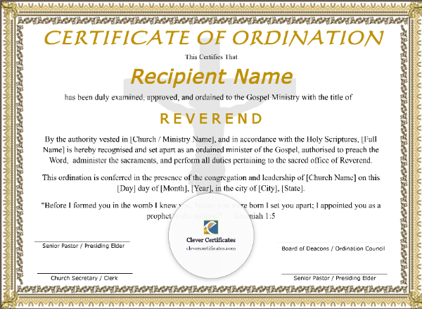 Certificate of Ordination for Reverend