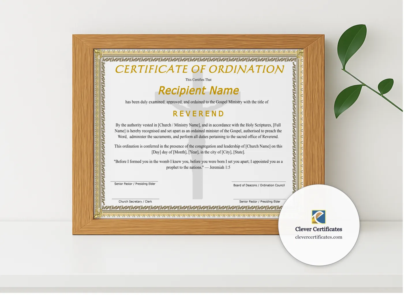 Realistic mockup featuring Editable Certificate Of Ordination For Reverend displayed within a modern frame, set against a minimalistic background.