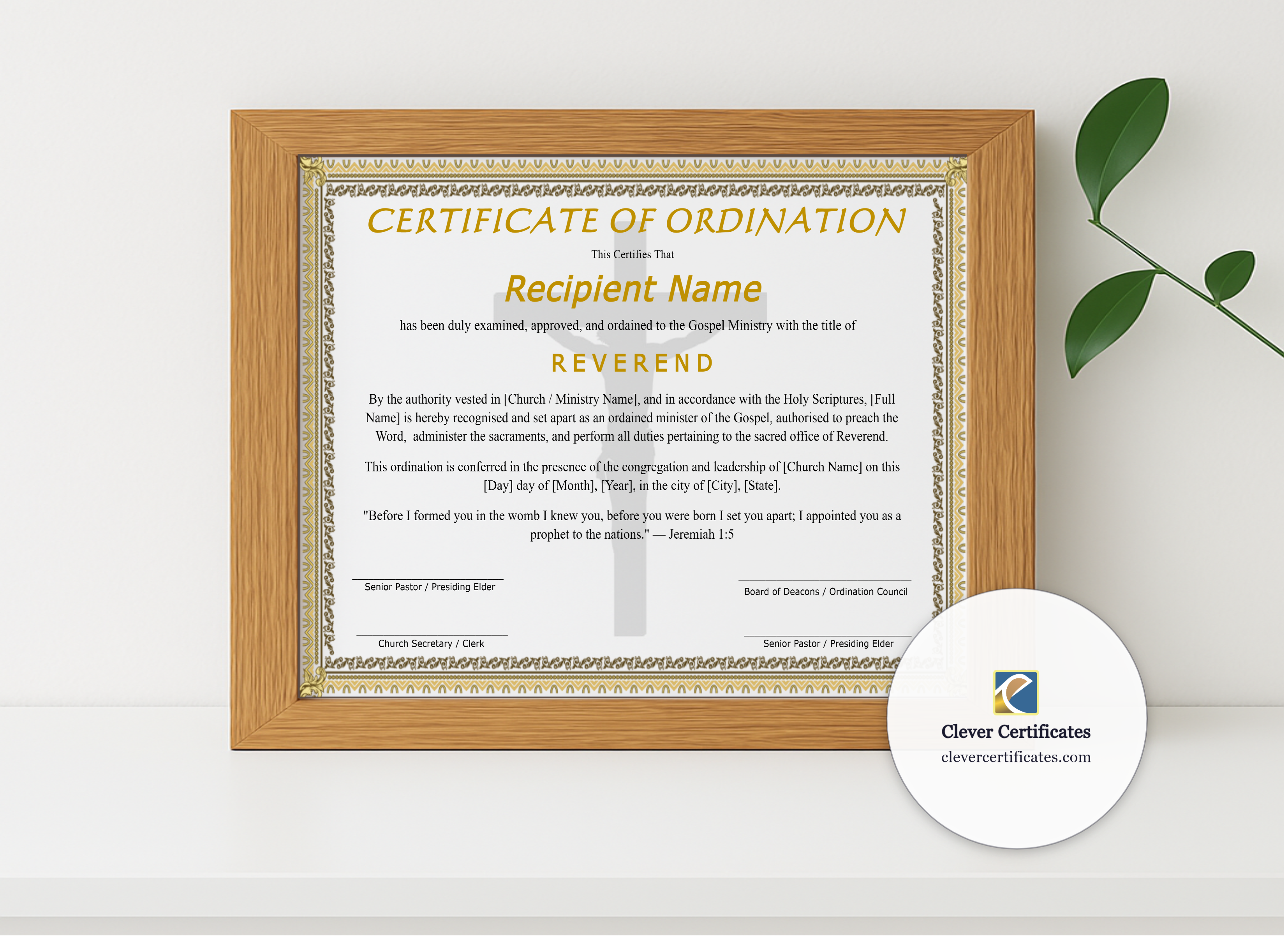 Realistic mockup featuring Editable Certificate Of Ordination For Reverend displayed within a modern frame, set against a minimalistic background.