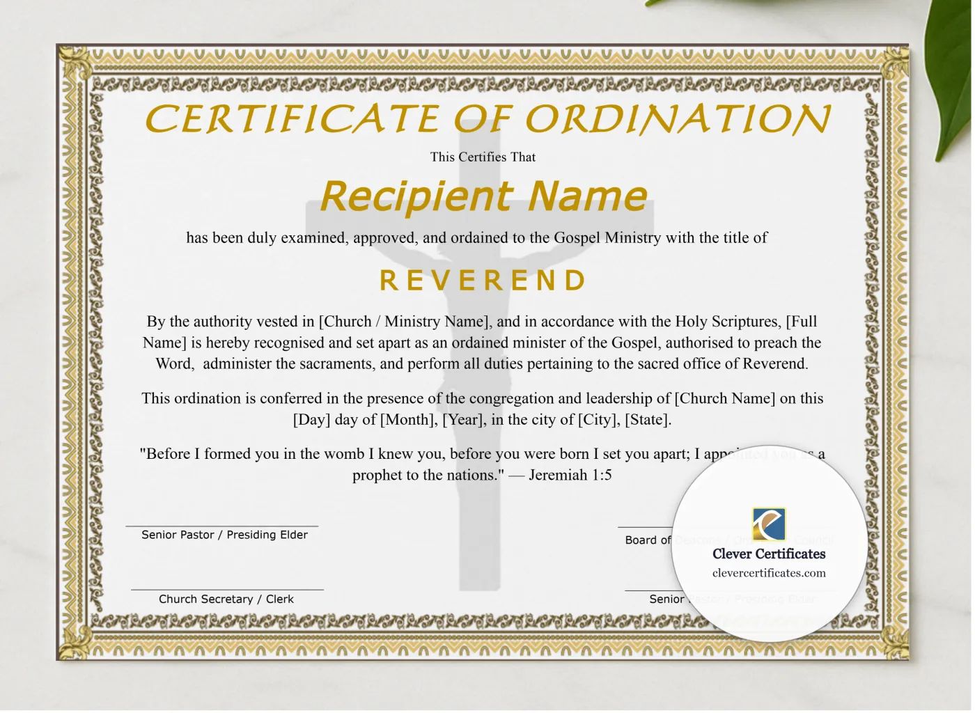 Editable Certificate Of Ordination For Reverend presented in a sleek wooden frame, elegantly arranged on a stylish table.