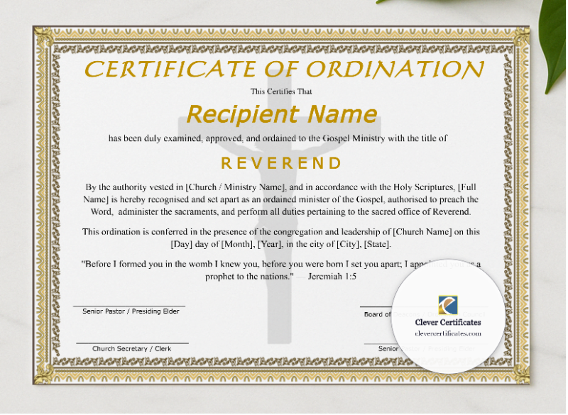 Editable Certificate Of Ordination For Reverend presented in a sleek wooden frame, elegantly arranged on a stylish table.