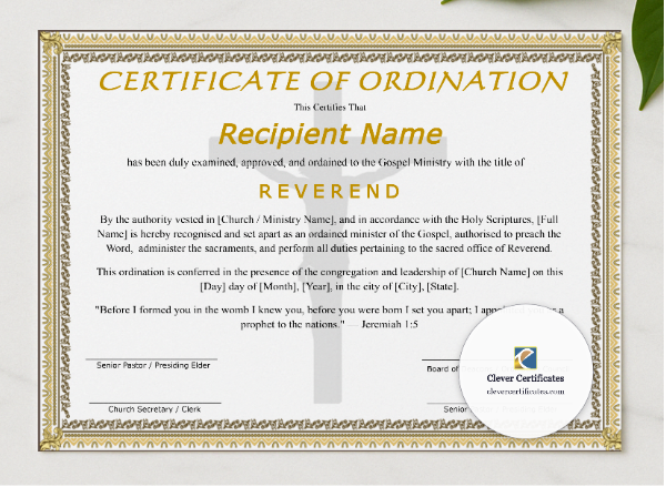 Editable Certificate Of Ordination For Reverend presented in a sleek wooden frame, elegantly arranged on a stylish table.