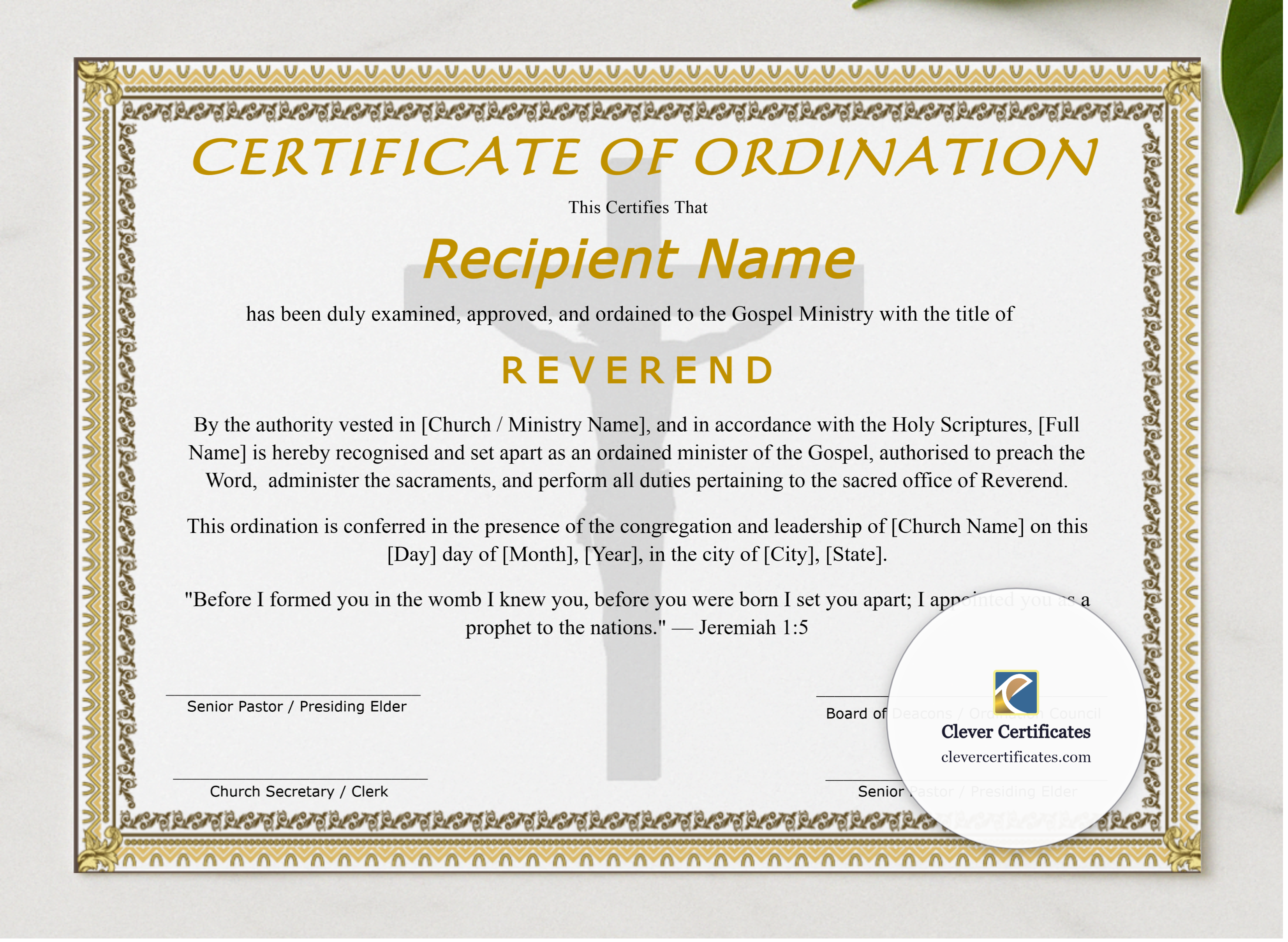 Editable Certificate Of Ordination For Reverend presented in a sleek wooden frame, elegantly arranged on a stylish table.