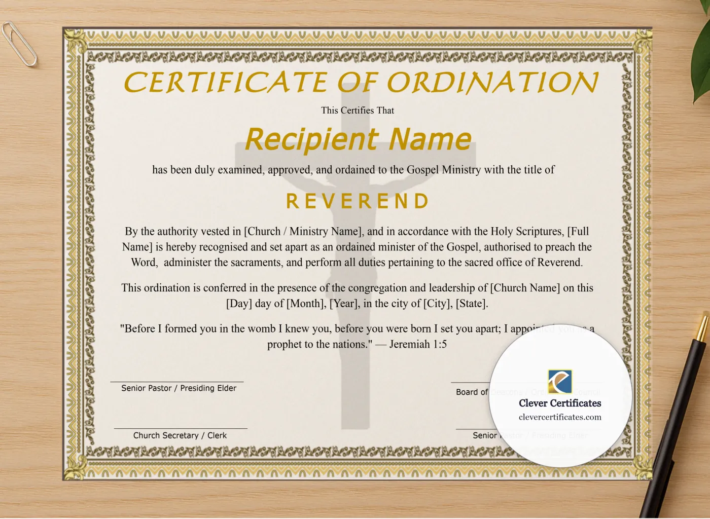 Professional preview of Editable Certificate Of Ordination For Reverend certificate on high-quality stationery paper, ideal for showcasing the final look.
